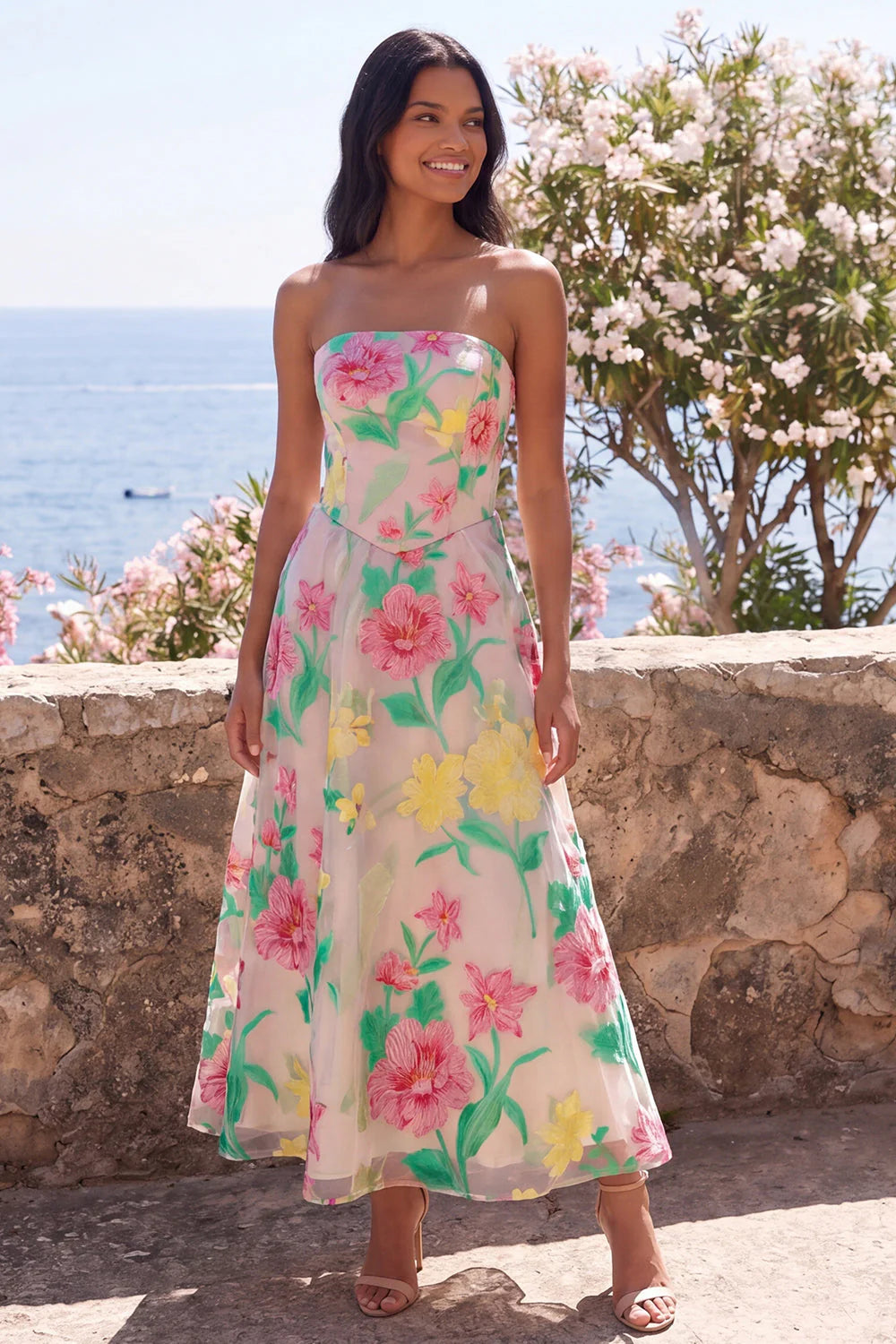 Daffodil Pink Flower A Line Strapless Wedding Guest Dress