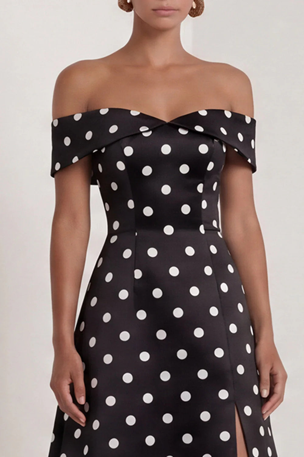 Off the Shoulder Black White Polka Dot A Line Maxi Formal Dress with Slit