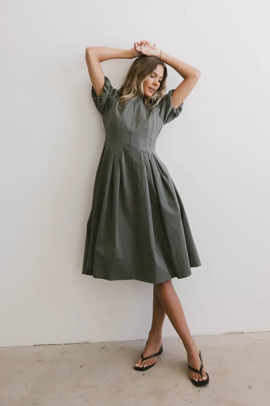 Eliana Pleated Midi Dress in Sage FINAL SALE