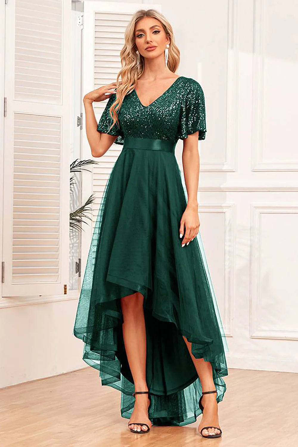 Burgundy A Line High Low Formal Dress with Sequins