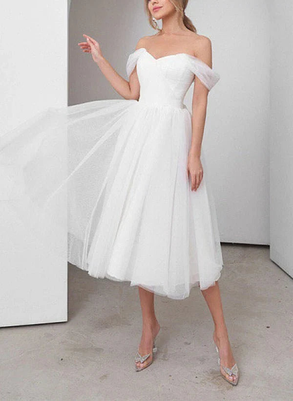 Sweet A Line Off The Shoulder Little White Tulle Wedding Dresses