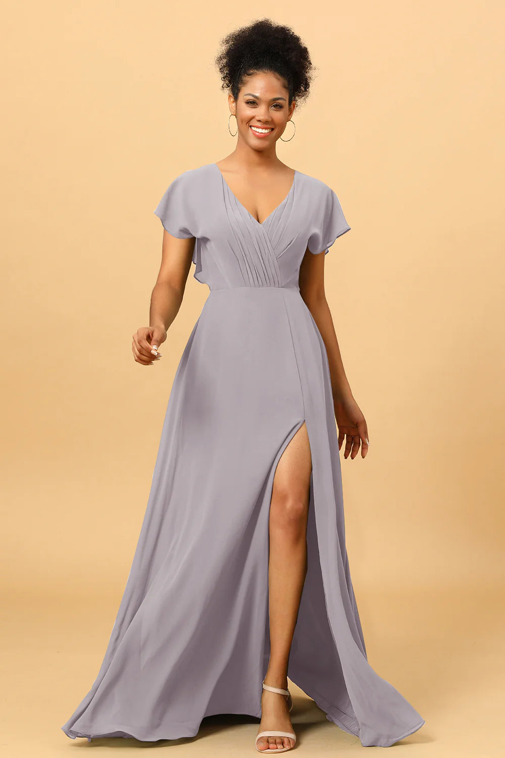 A Line V Neck Ruched Chiffon Bridesmaid Dress with Slit