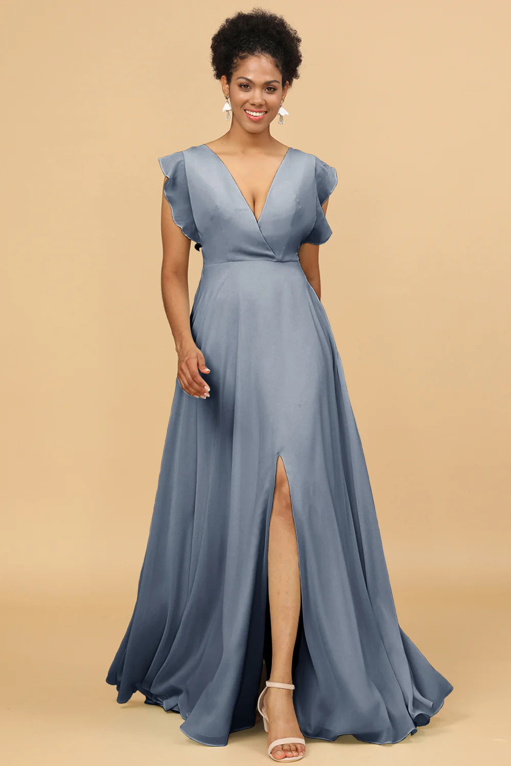 A Line V Neck Floor Length Chiffon Bridesmaid Dress with Slit