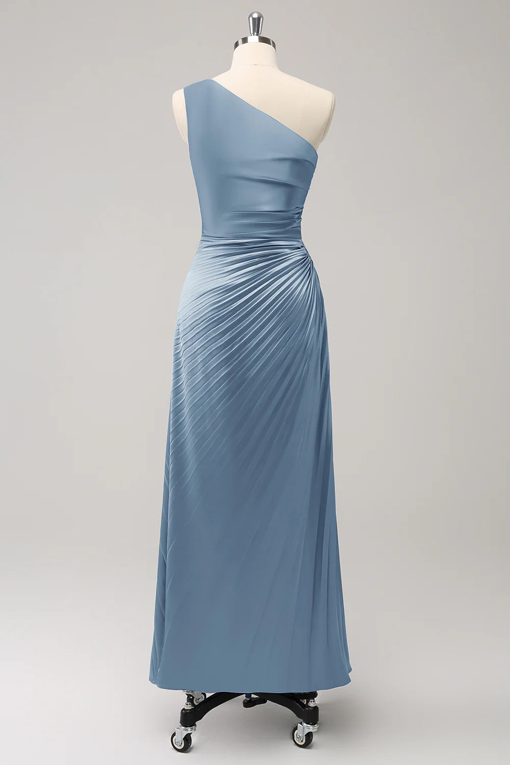 Blue Sheath One Shoulder Satin Keyhole Long Bridesmaid Dress