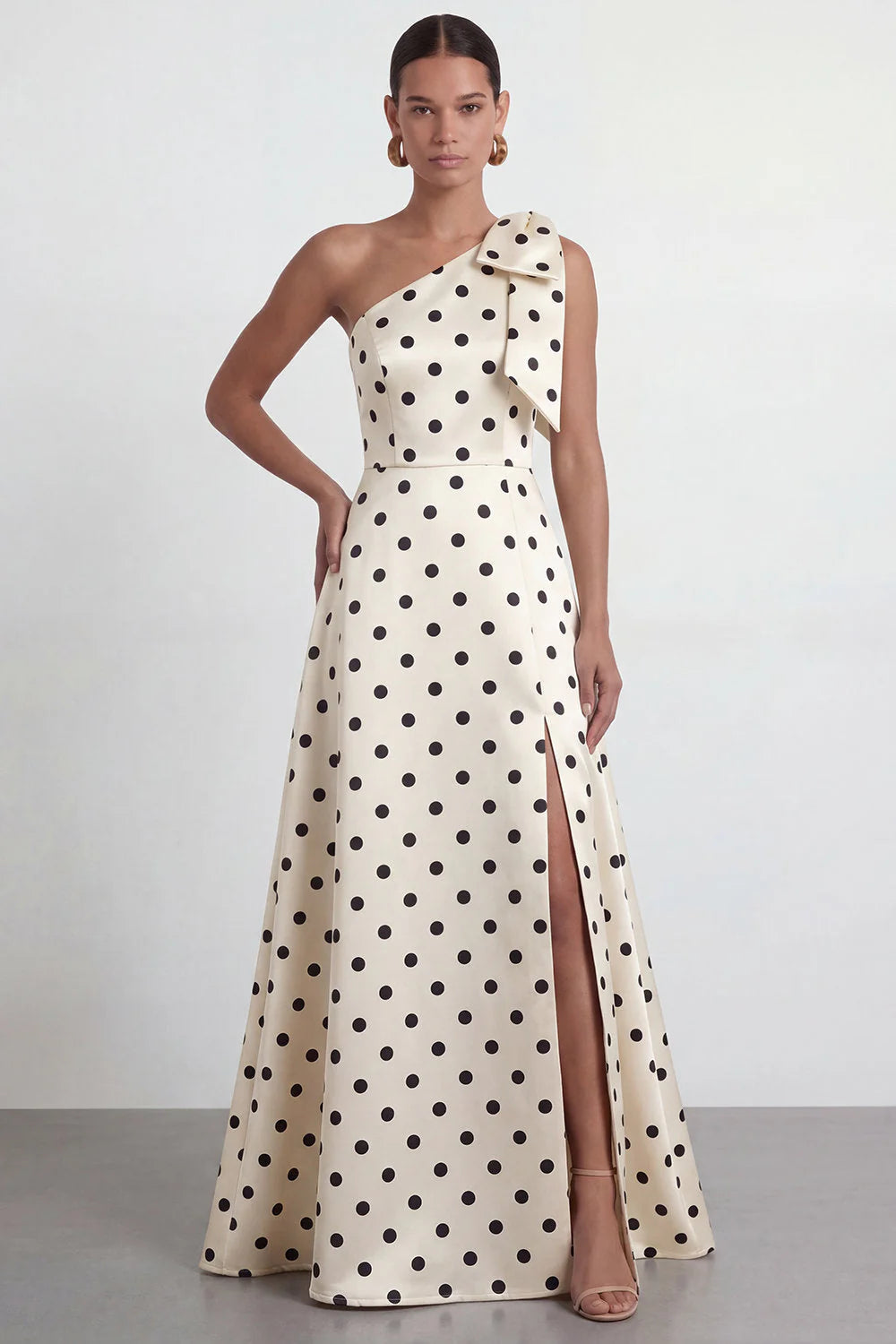 Green White Polka Dot One Shoulder A Line Formal Dress with Slit