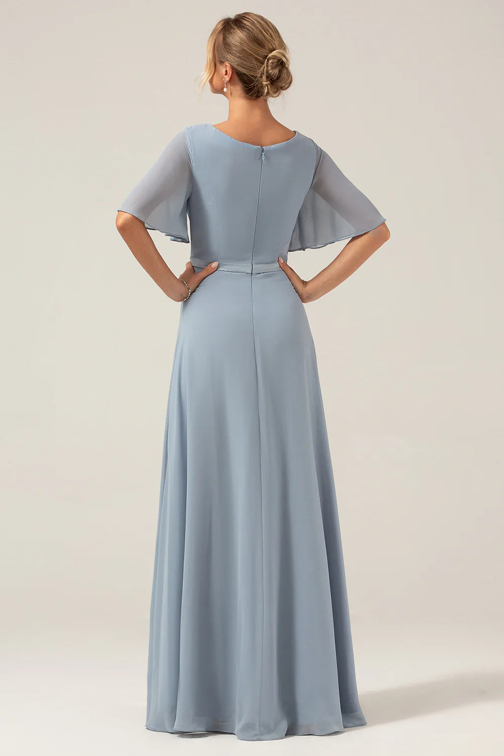 Dusty Blue A Line V Neck Chiffon Floor Length Bridesmaid Dress With Short Sleeves