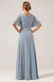 Dusty Blue A Line V Neck Chiffon Floor Length Bridesmaid Dress With Short Sleeves