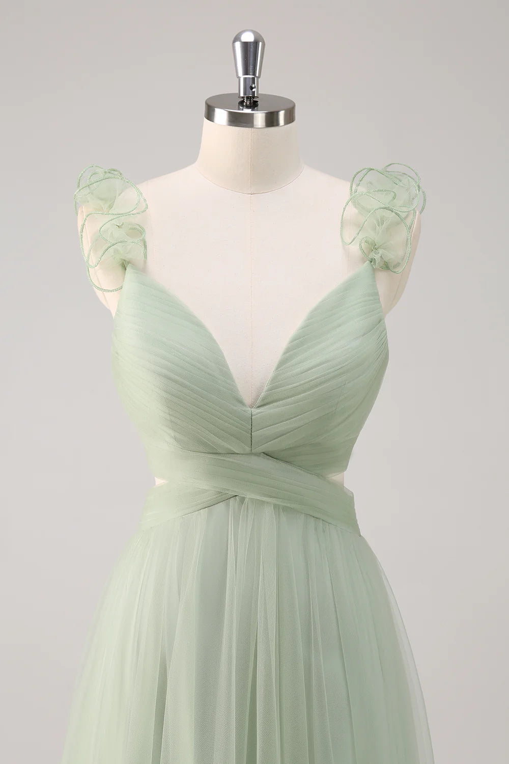 Dusty Sage A Line V Neck Ruched Hollow Out Long Bridesmaid Dress with Open Back
