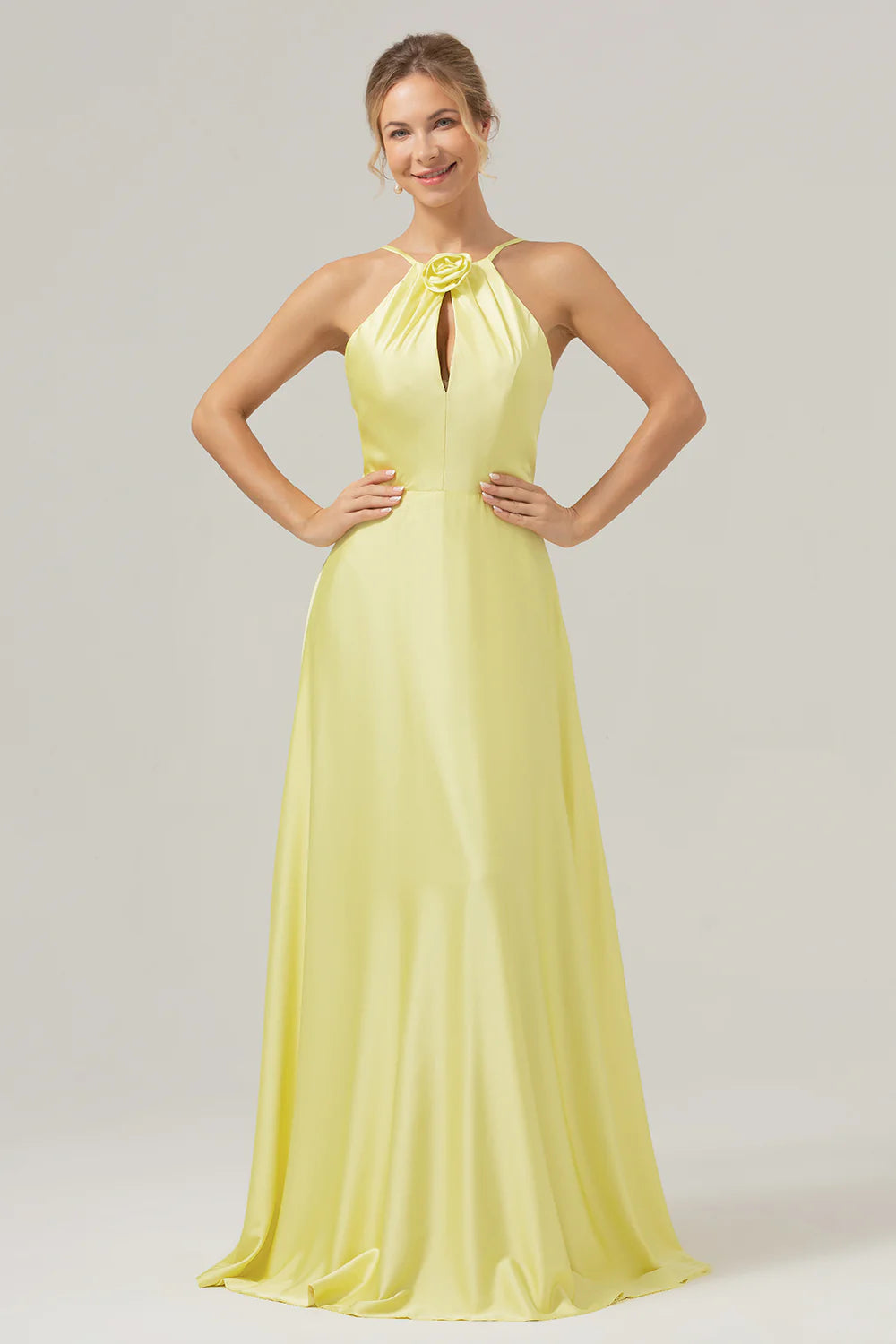 Yellow A Line Halter Backless Floor Length Bridesmaid Dress with Flower