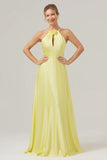 Yellow A Line Halter Backless Floor Length Bridesmaid Dress with Flower