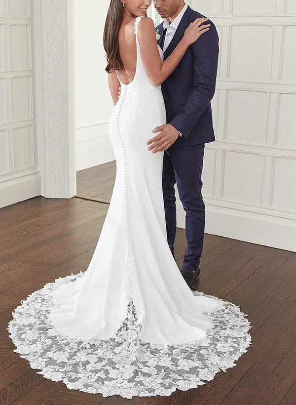 Trumpet Mermaid Square Neckline Lace Elastic Satin Wedding Dresses