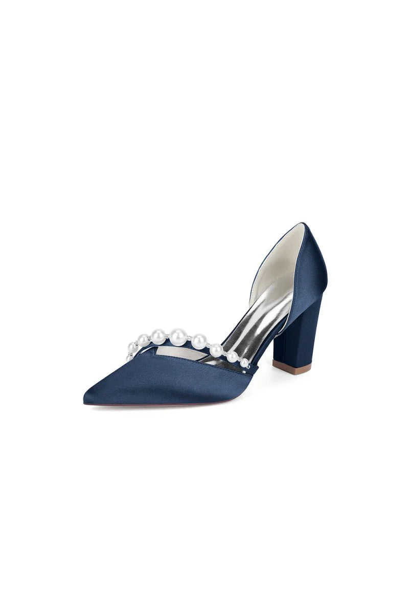 White Satin High Heels with Pearl Embellishments