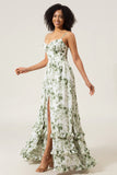 A Line Spaghetti Straps Printed Long Green Bridesmaid Dress With Slit