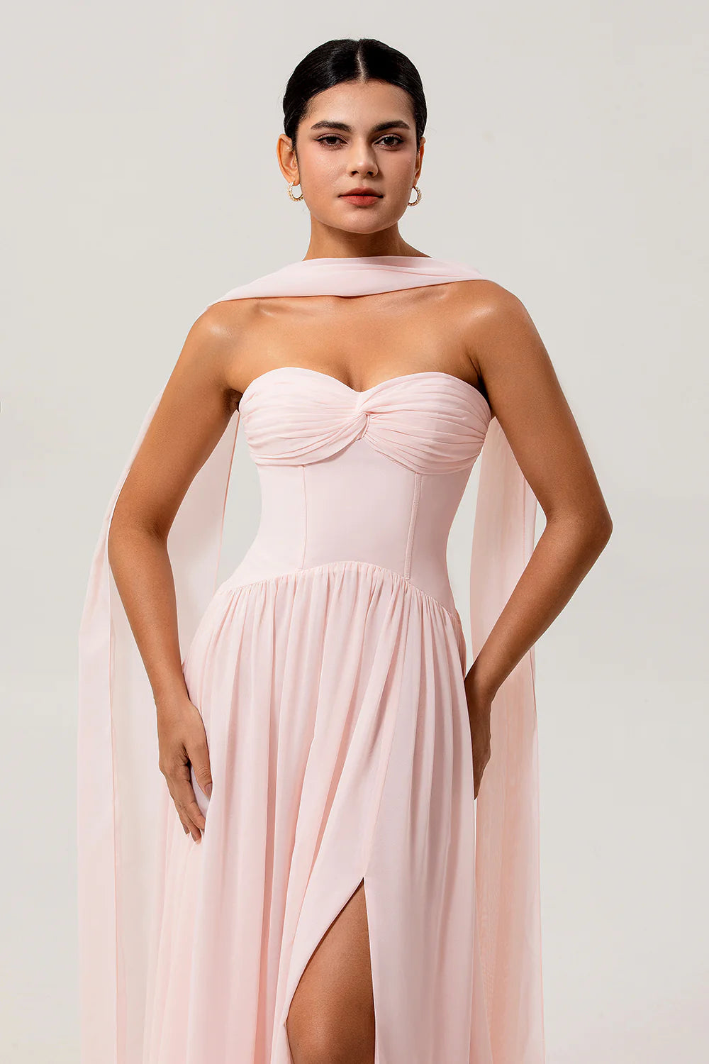 Blush A Line Strapless Ruched Corset Chiffon Convertible Long Plus Size Bridesmaid Dress with Slit