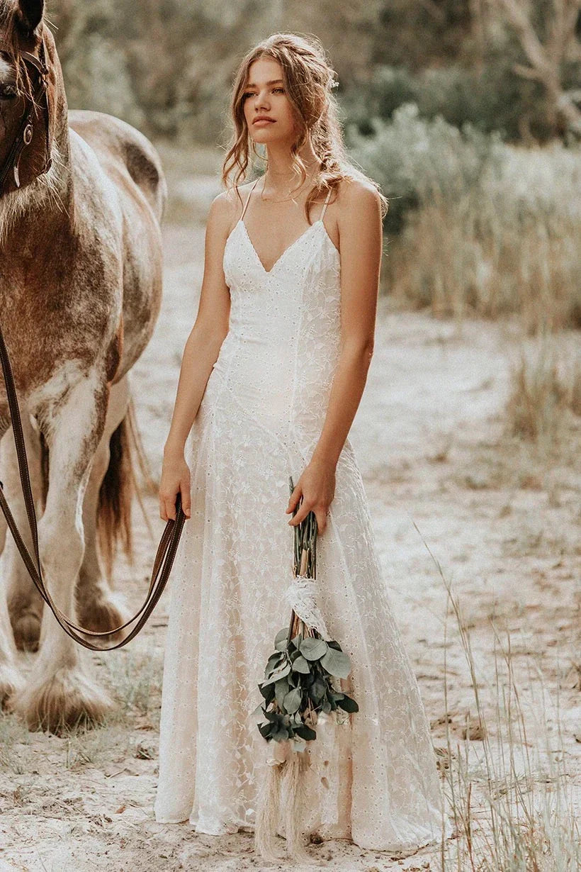 Lace Spaghetti V neck Sheath Wedding Gown With Straps And Open Back