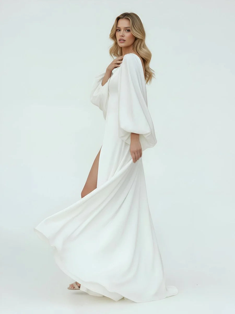 White Satin Simple A Line Long Wedding Dress with Slit