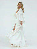 White Satin Simple A Line Long Wedding Dress with Slit
