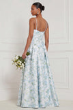 Floral Printed Blue White A Line Long Bridesmaid Dress