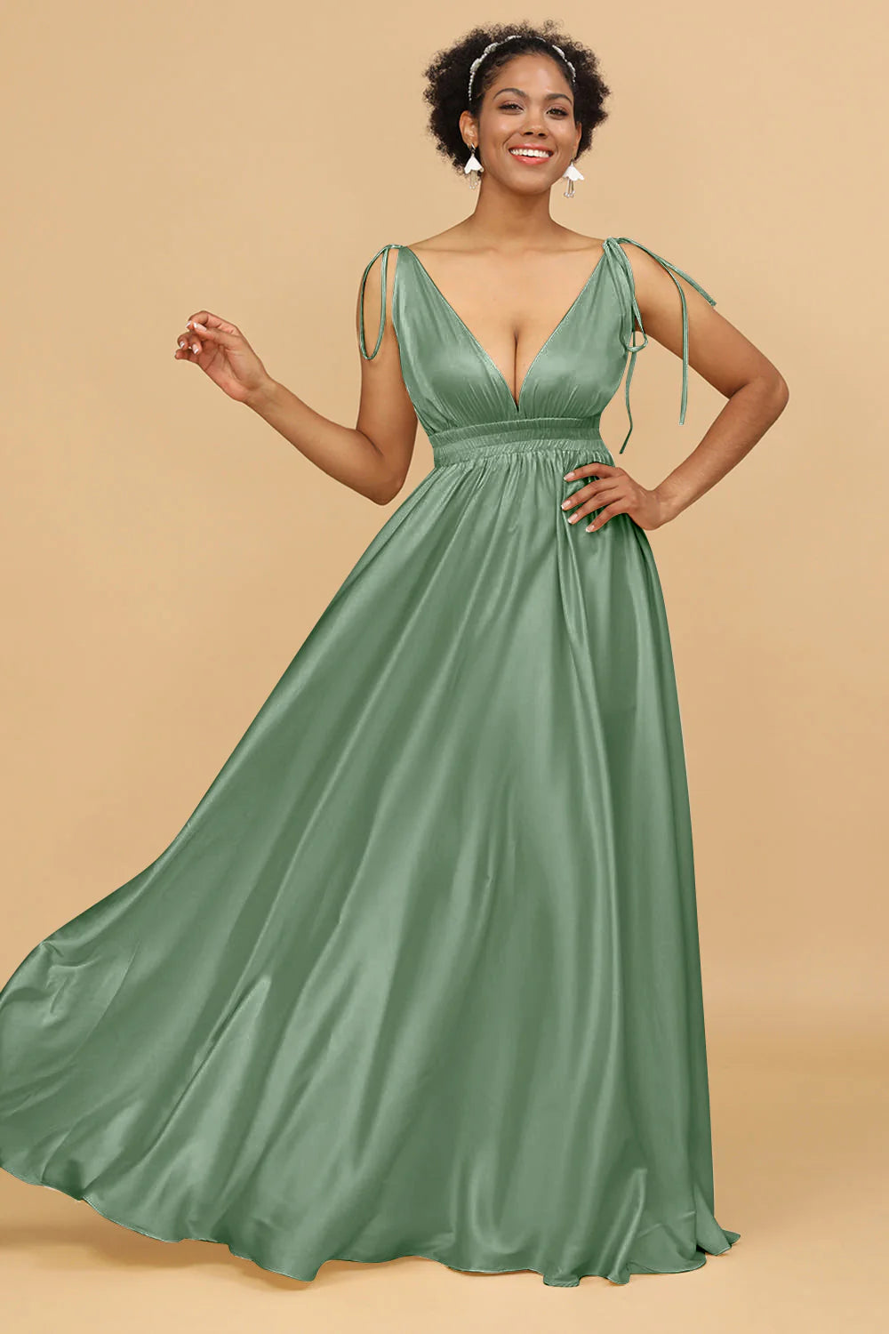 A Line Deep V Neck Backless Floor Length Bridesmaid Dress