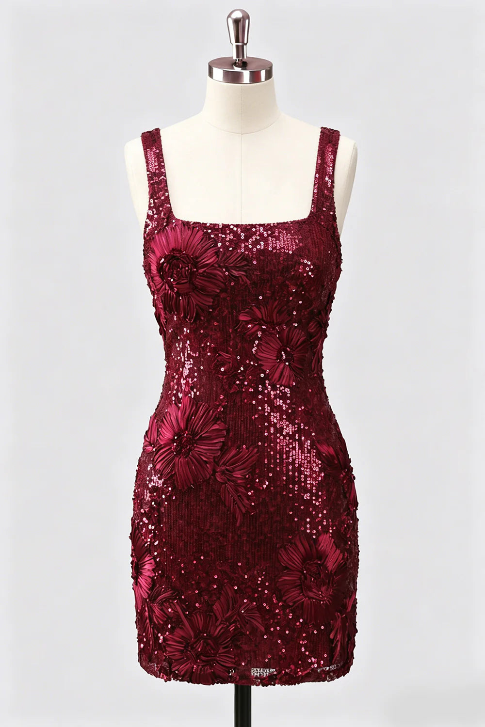 Burgundy Square Neck Bodycon Sequin Homecoming Dress
