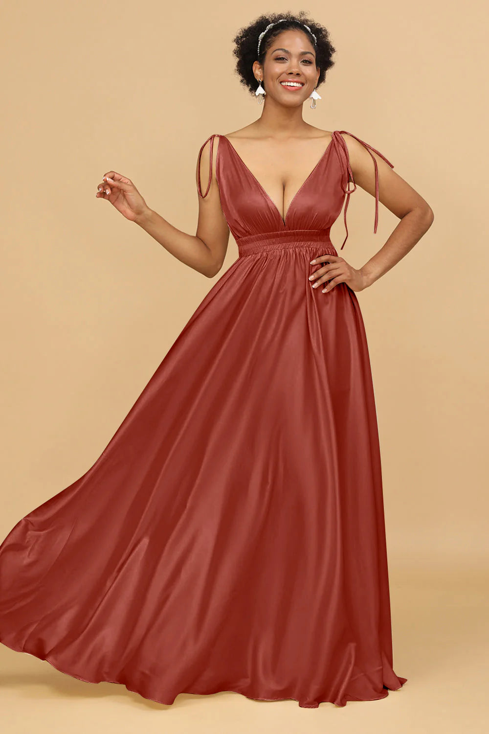 A Line Deep V Neck Backless Floor Length Bridesmaid Dress