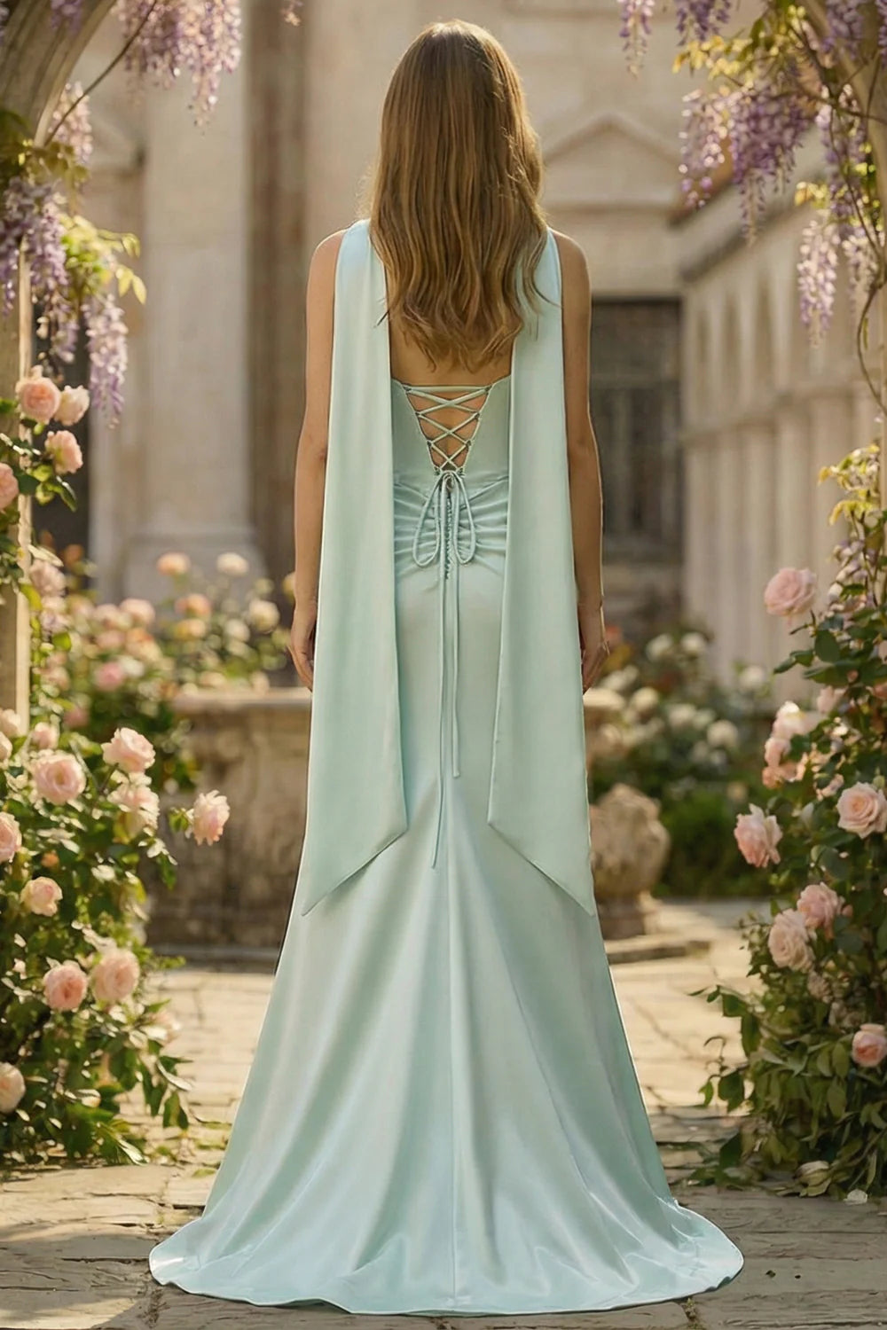 Light Green Strapless Mermaid Corset Ruched Long Prom Dress with Streamer