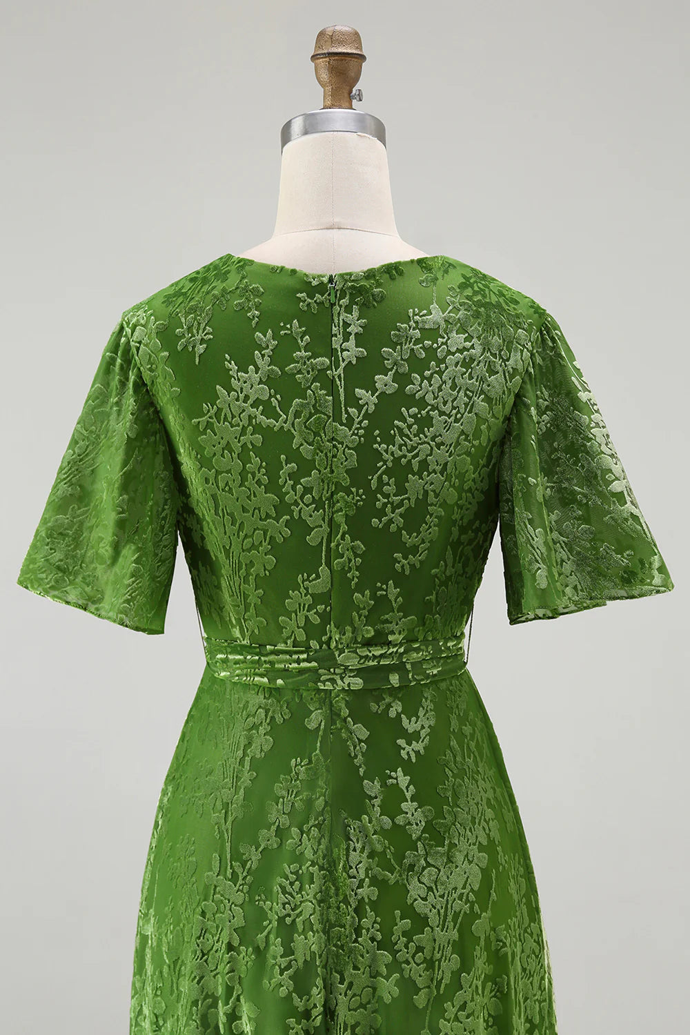 A Line V Neck Dark Green Burnout Velvet Floor Length Dress with Short Sleeves