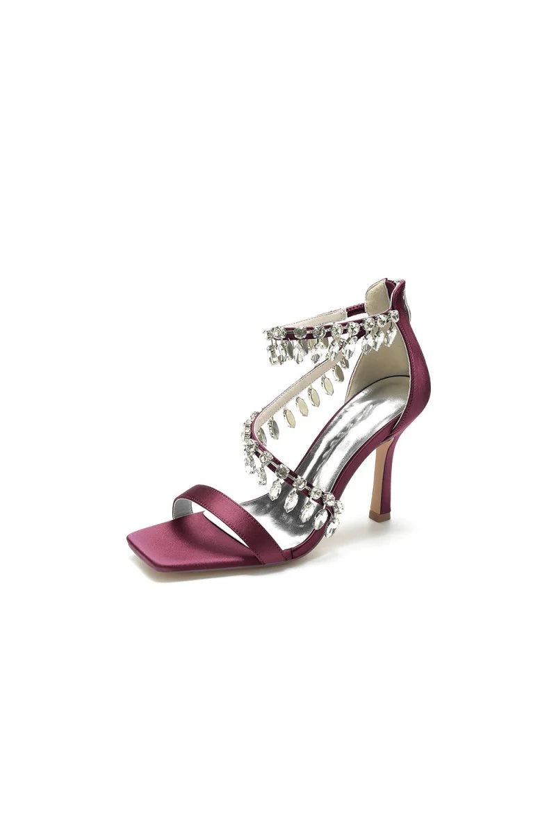 Beaded Square Open Toe Ankle Strap Satin Stiletto Heels
