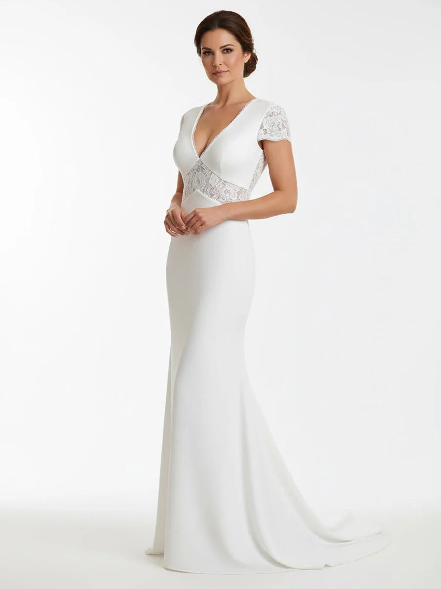 Modest Simple Sheath Short Sleeve Empire Floor Length Sweep Train Chiffon V neck Wedding Dress