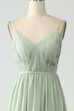 Dusty Sage A Line Spaghetti Straps Pleated Maternity Bridesmaid Dress With Slit