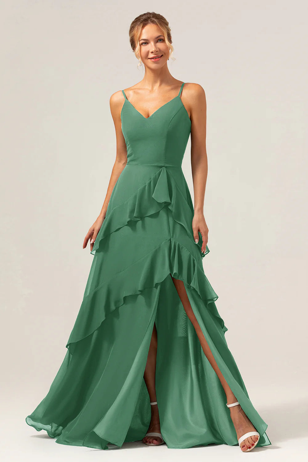 Dark Green A Line Spaghetti Straps Ruffled Chiffon Floor Length Bridesmaid Dress with Slit