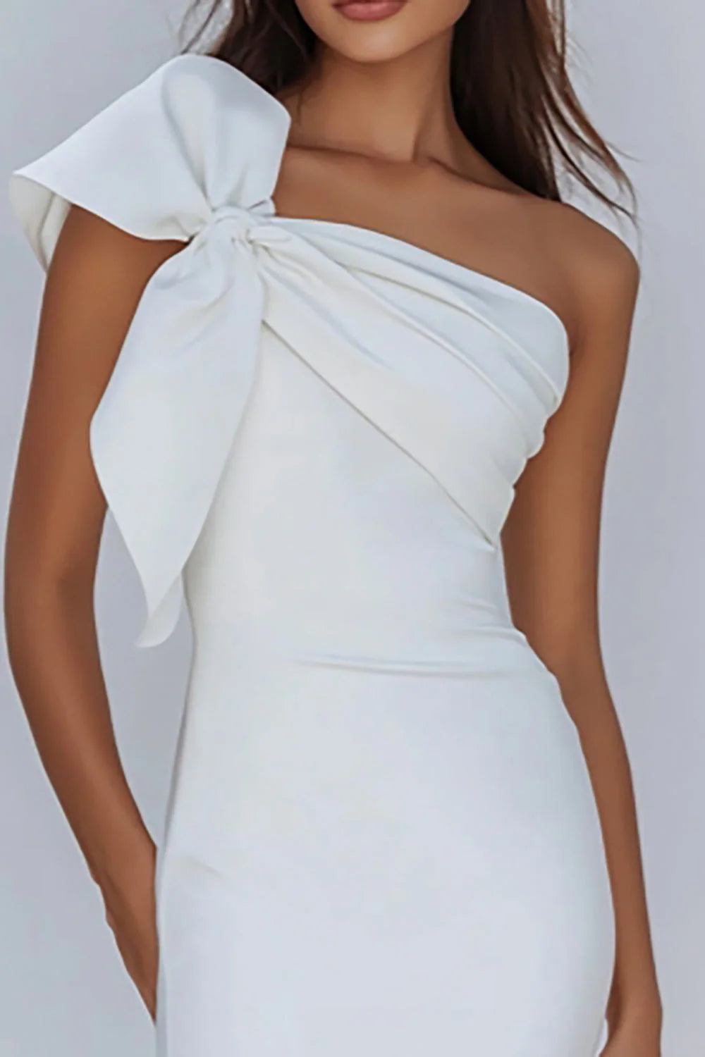 White One Shoulder Bodycon Graduation Dress with Bow