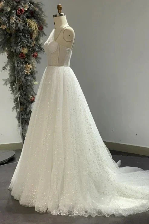 Spaghetti Straps Sparkly Bohemian Wedding Dress