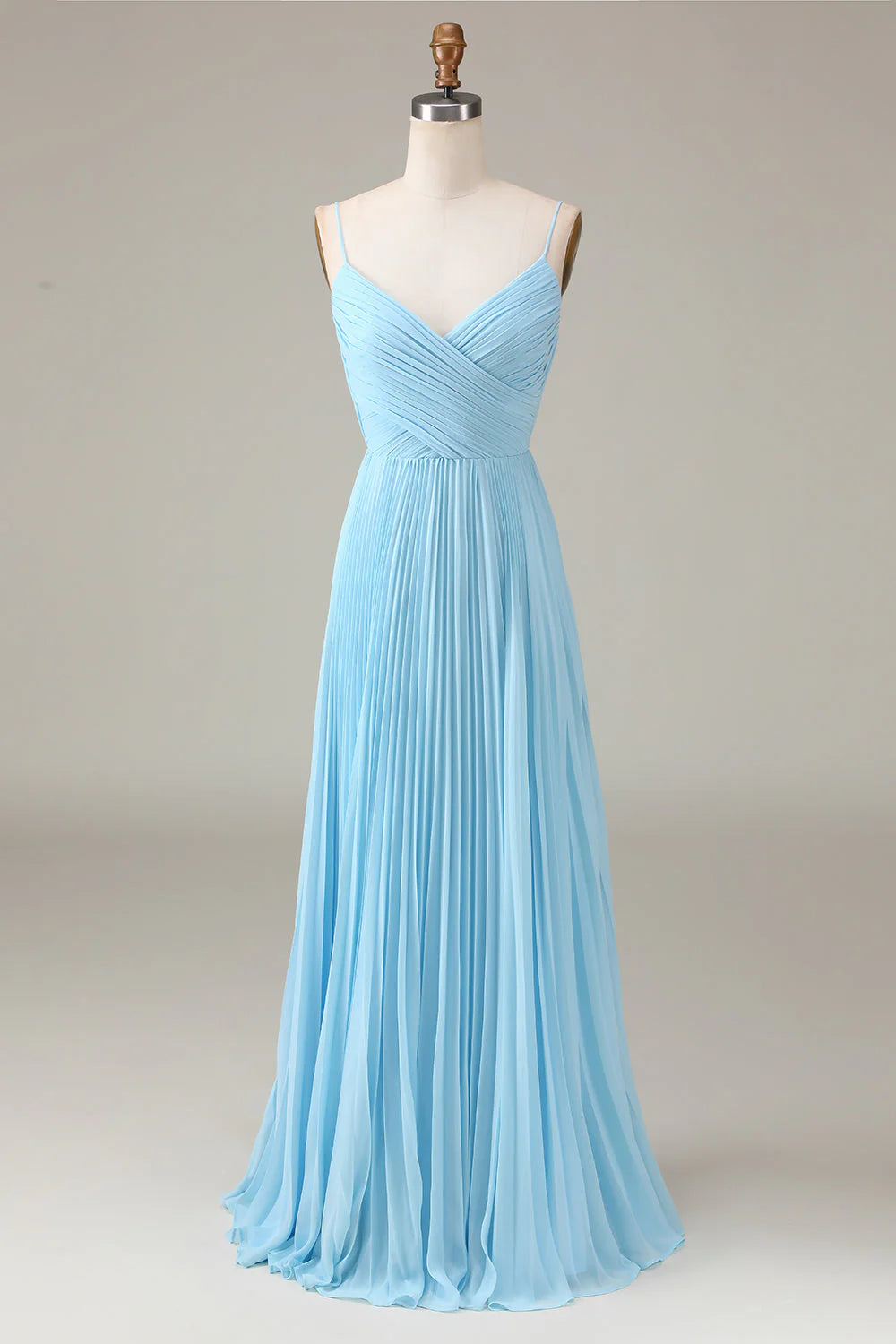 Sky Blue A Line Spaghetti Straps Pleated Chiffon Bridesmaid Dress