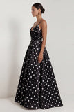 Black White Polka Dot Ruched A Line Long Formal Dress