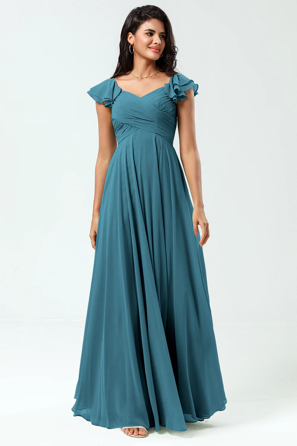 Lace Up Back Cross A Line Chiffon Bridesmaid Dress with Ruffles