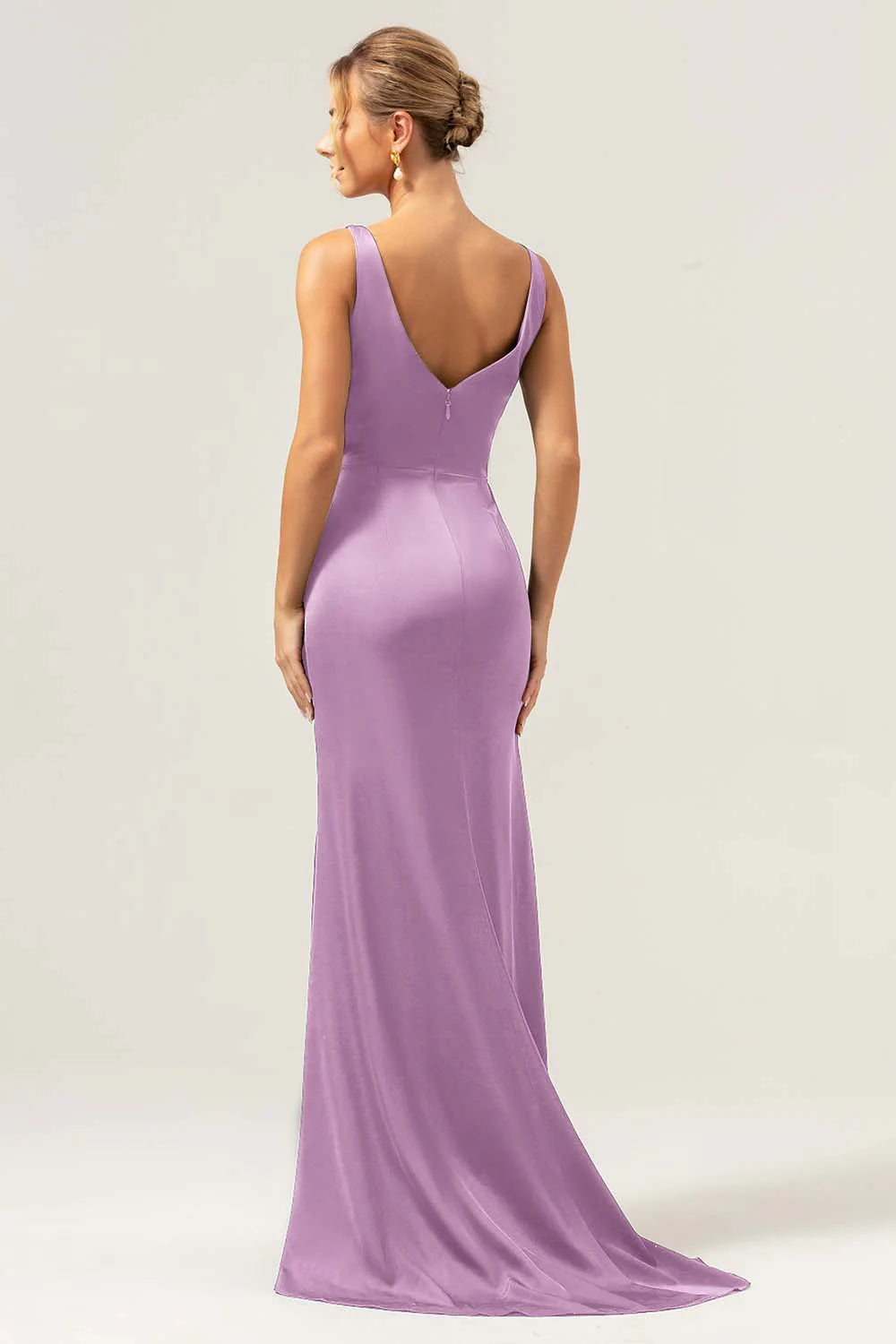 Burgundy Mermaid V Neck Ruched High Low Long Satin Bridesmaid Dress with Slit