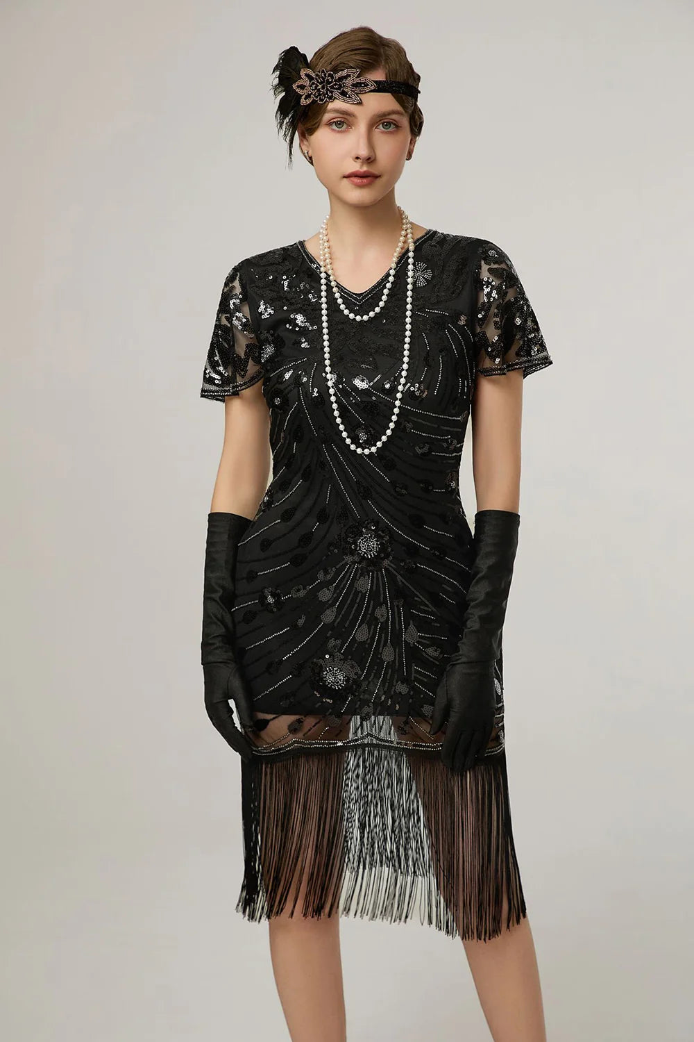 Black Sheath Fringed Midi V Neck 1920s Dress with Sequins