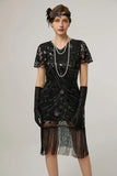 Black Sheath Fringed Midi V Neck 1920s Dress with Sequins