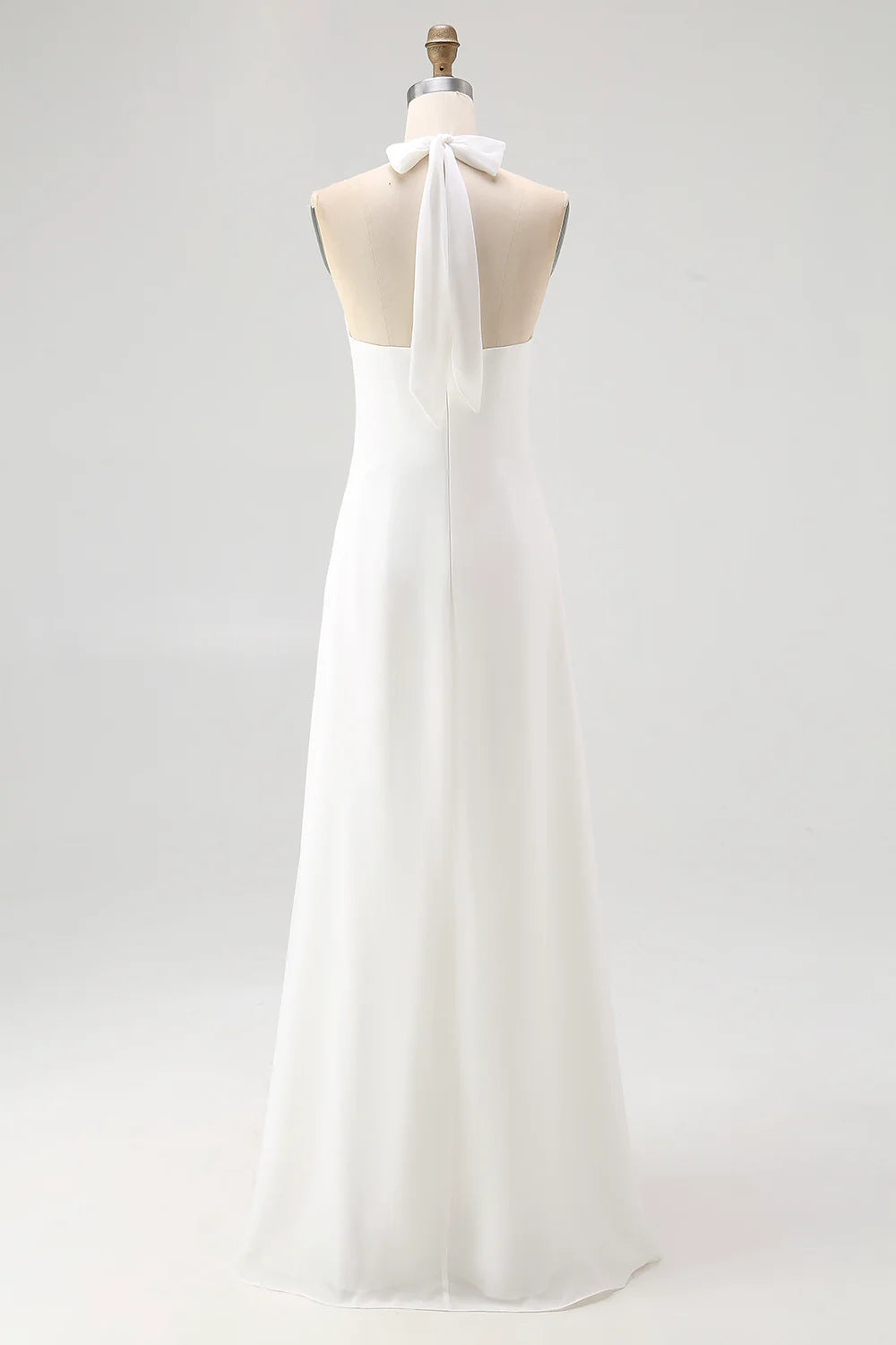 A Line Simple White Halter Long Engagement Dress
