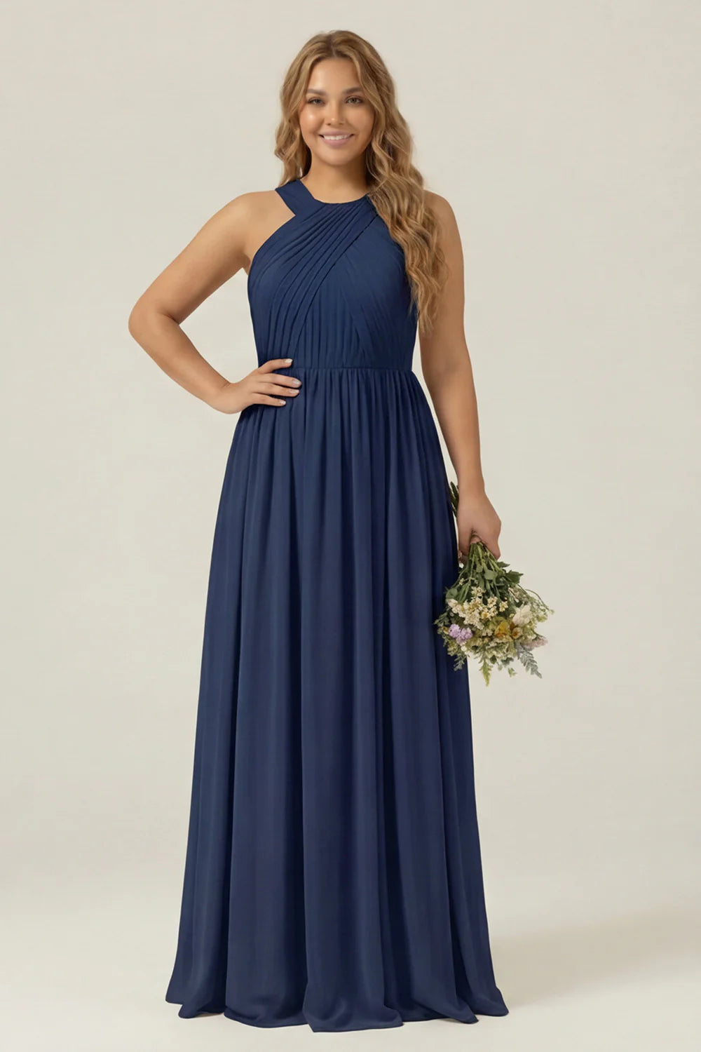 Dusty Sage Plus Size Halter A Line Chiffon Long Bridesmaid Dress