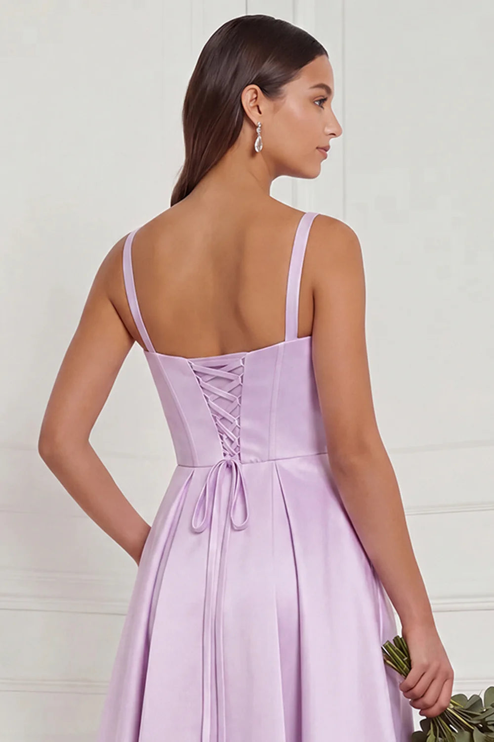 Lilac A Line Corset Satin Square Neck Long Bridesmaid Dress