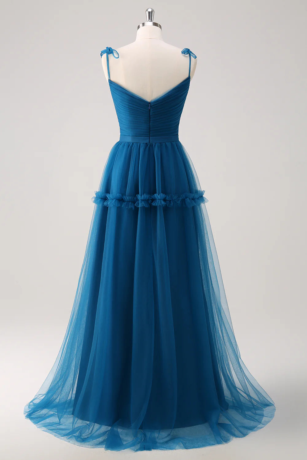 Dark Blue A Line Spaghetti Straps Ruched Long Tulle Bridesmaid Dress