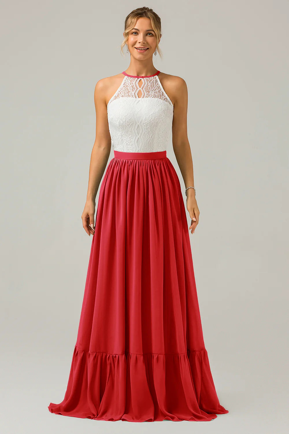 A Line Halter Pleated Keyhole Chiffon Bridesmaid Dress With Lace