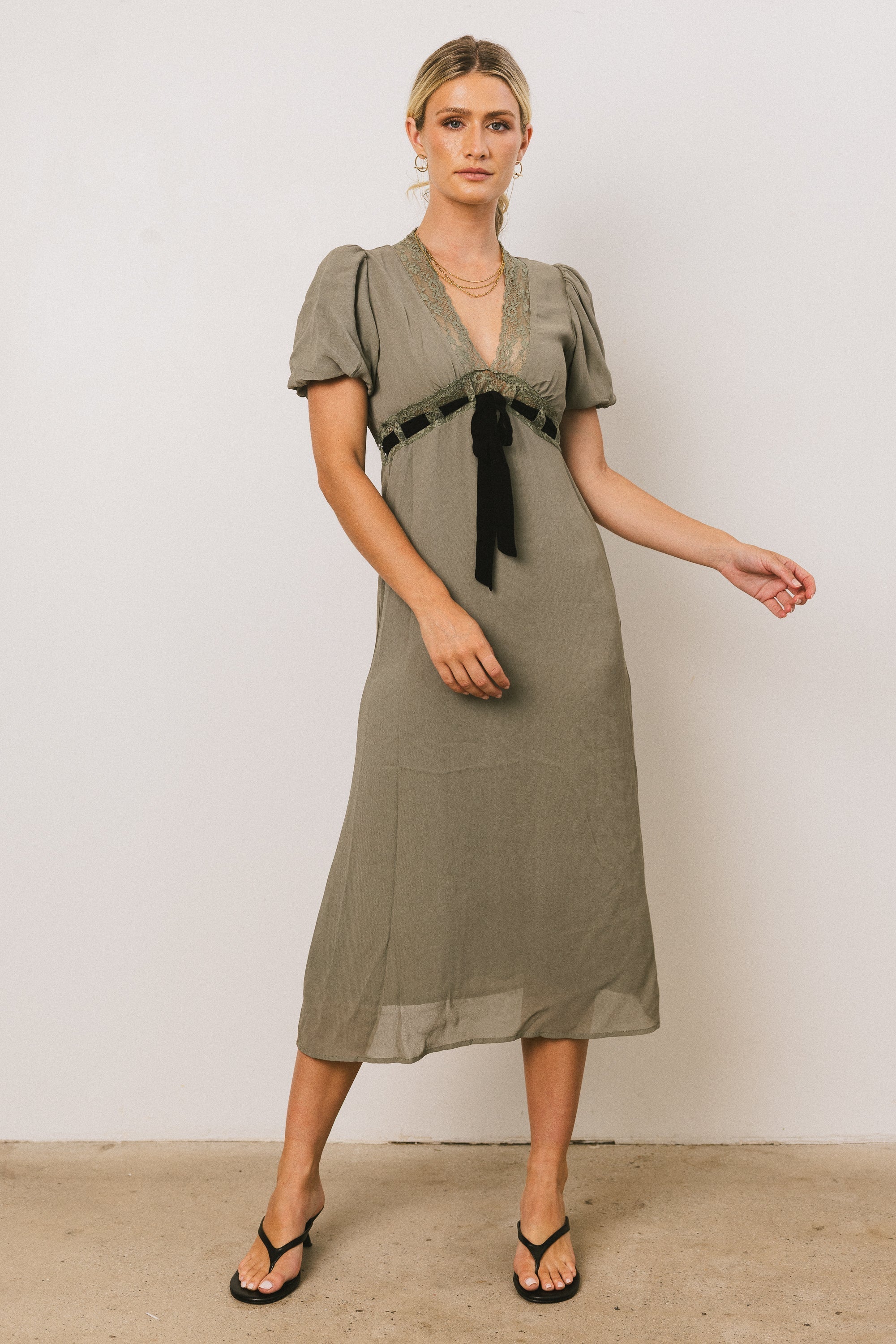 Selah Lace Trim Midi Dress in Sage FINAL SALE