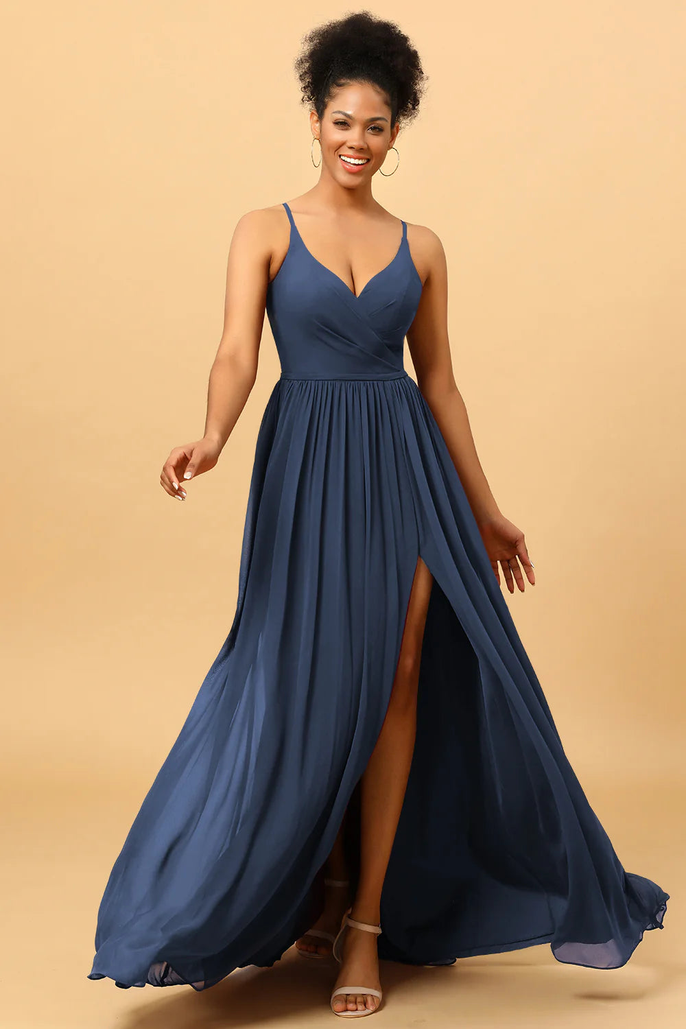 A Line Spaghetti Straps Ruched Long Chiffon Bridesmaid Dress with Slit