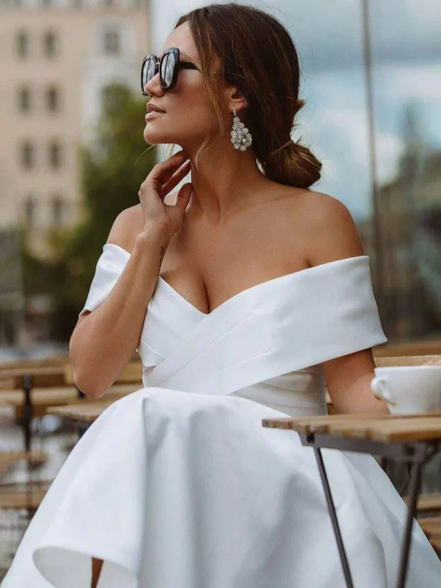 A Line Satin Tea Length White Off the Shoulder Wedding Dress