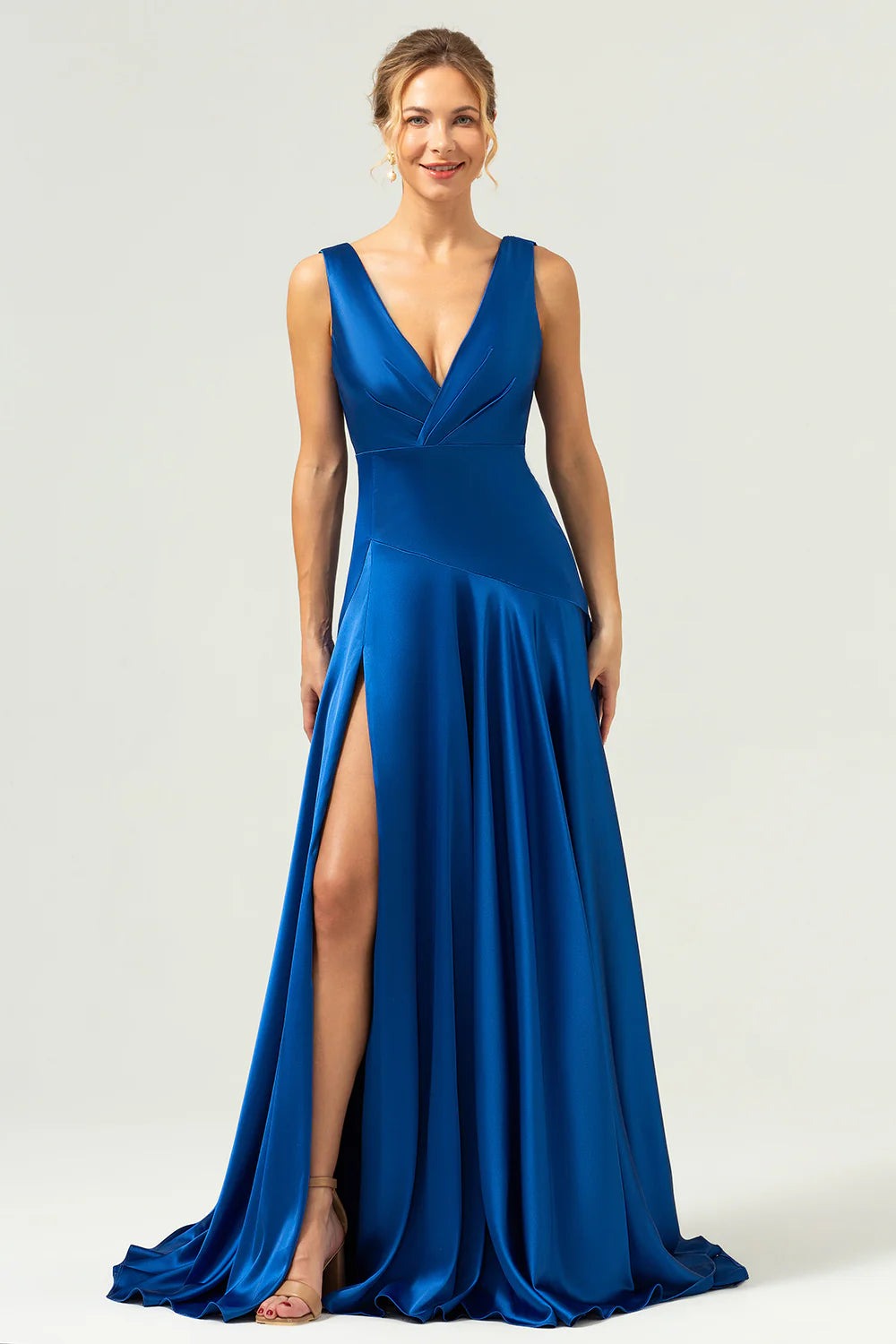 A Line V Neck Satin Ruched Long Ink Blue Bridesmaid Dress with Slit