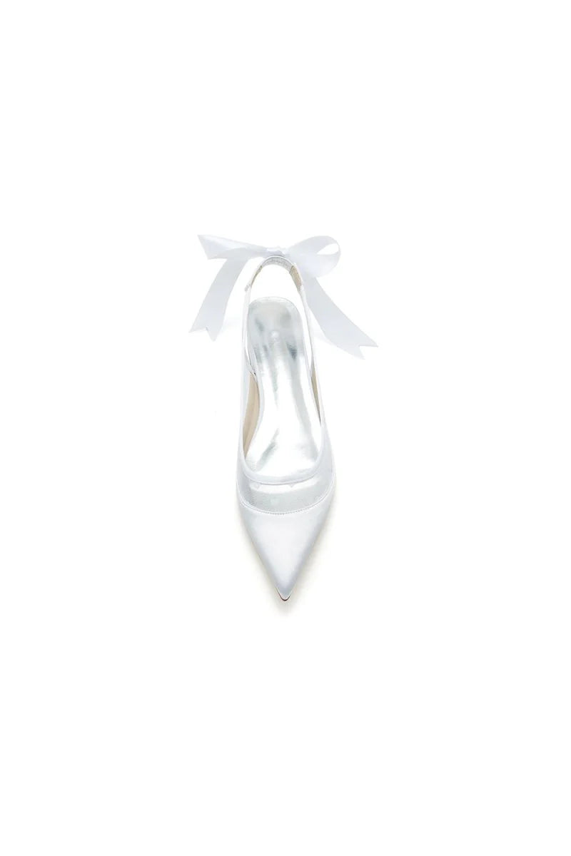 Satin Pointed Toe Mesh Low Heels With Bow