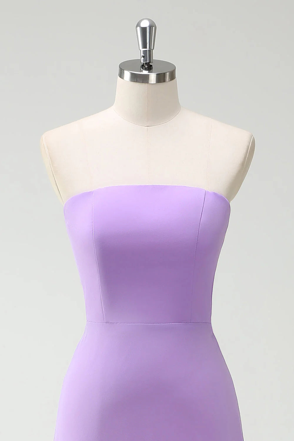 Purple A Line Strapless Lace Up Back Ruffled Long Bridesmaid Dress with Ruffled Slit